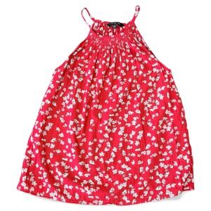 Banana Republic Red Floral Smocked Neck Halter Tank Top XS 100% Cotton Flowy‎